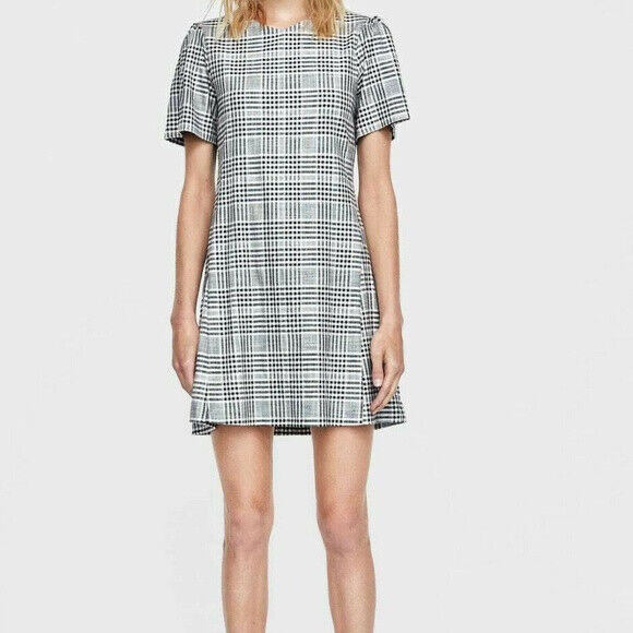Zara Gingham Plaid Shift Dress Cap Sleeve Black & cream - Picture 2 of 6